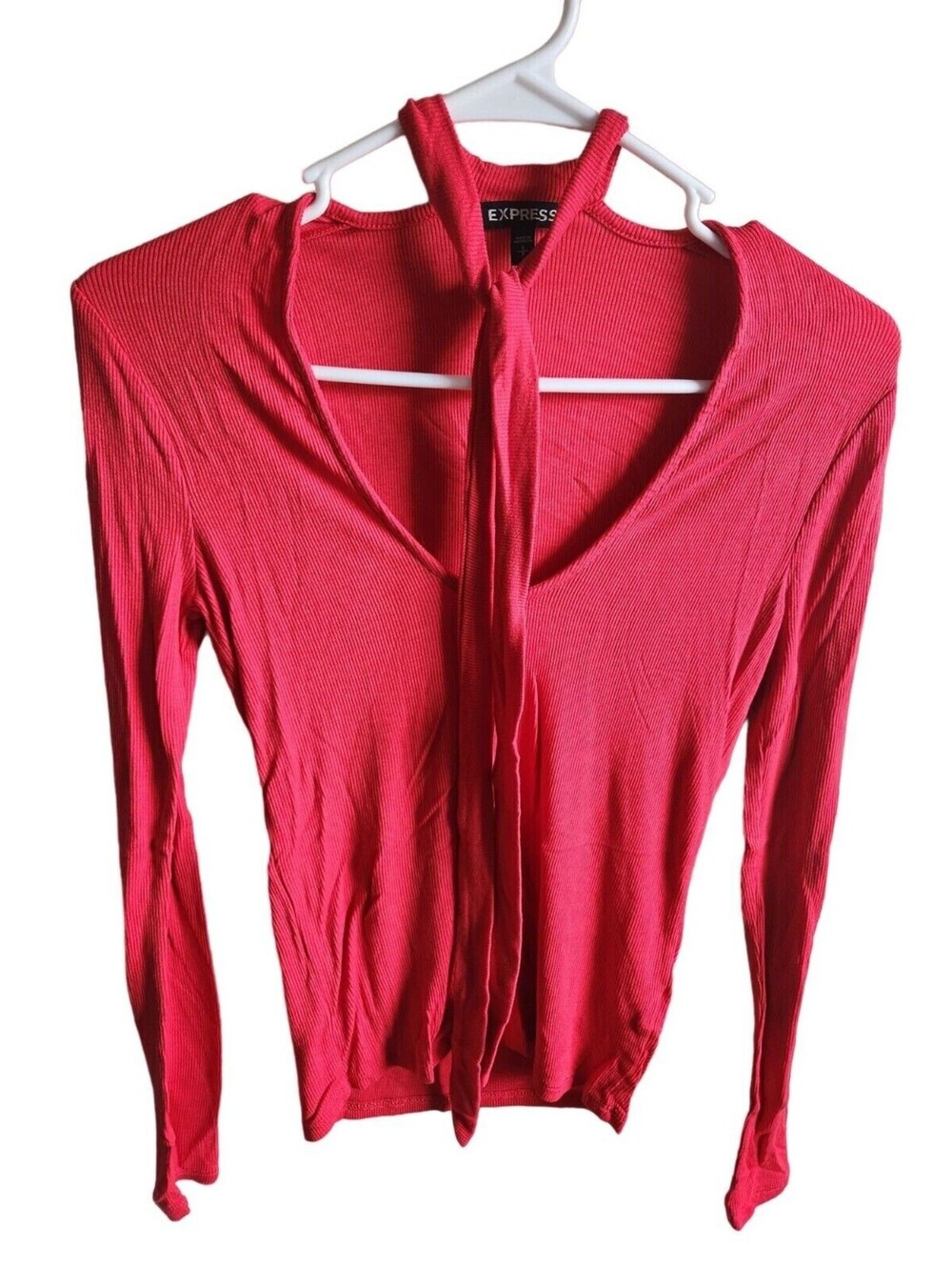 Vintage Y2K Express Womens Sz S Ribbed Long Sleeve T Shirt Red Bow Front